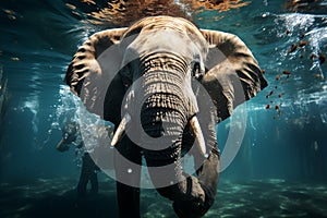 Swimming African Elephant Underwater. Big elephant in ocean with air bubbles and reflections on water surface. Generative AI