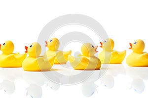 Swimming against the stream, rubber ducks on white