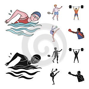 Swimming, badminton, weightlifting, artistic gymnastics. Olympic sport set collection icons in cartoon,black style