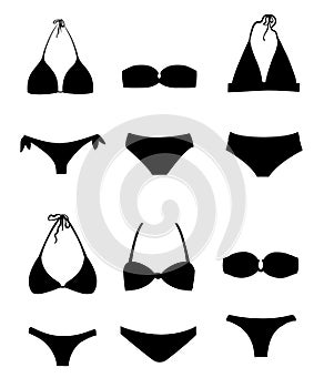 Swimming black suits and bikini icon collection different flat icons set silhouette flat style illustration isolated on whi