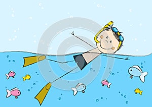 Swimming boy on sea background