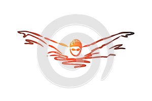 Swimming, butterfly, stroke, athlete, pool concept. Hand drawn isolated vector.