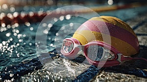 Swimming cap and goggles with water drops on poolside at training session