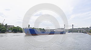 Swimming cargo ships on the river in Rostov-on-Don