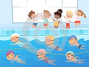 Swimming competition. Kids water sport swimming race in pool vector cartoon background