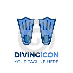 Swimming and diving equipment bussiness icon. Pair of fins for beach, water sports, vacations, hobbies, summer.