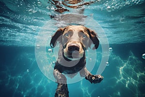 swimming dog underwater water funny fun pool vacation snorkeling puppy. Generative AI.