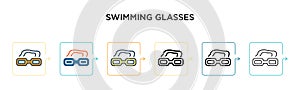 Swimming glasses vector icon in 6 different modern styles. Black, two colored swimming glasses icons designed in filled, outline,