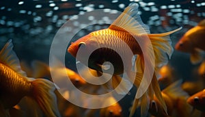 Swimming goldfish in blue water, vibrant colors, nature underwater beauty generated by AI