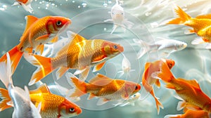Swimming goldfish in pond..Cluster of vibrant goldfish swimming in a clear pond, bubbles and light reflections enhance the scene.