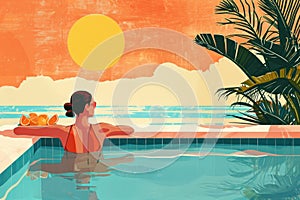 a swimming holiday illustration with an attractive woman in a hat lounging in the pool