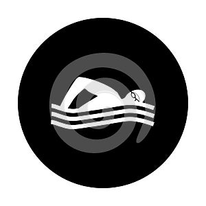 Swimming icon, white swimmer on black background, water swim sport. Vector illustration. Swimming logo, sign, emblem