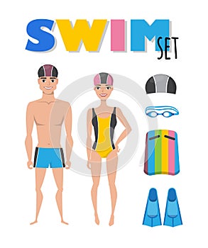 Swimming infographic elements. Set of swim icons. People in bathing suits. Accessories for swimming. Vector flat cartoon