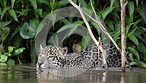 Swimming Jaguar in the river.