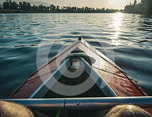 Swimming on kayaks. Rear view of kayaking on Desna river