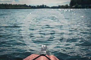 Swimming on kayaks. Rear view of kayaking on Desna river