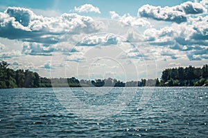 Swimming on kayaks. Rear view of kayaking on Desna river