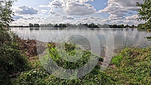 Swimming lake with reflections of the clouds in a light wind and vegetation on the shore