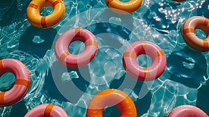 swimming lesson or fun party concept. rich multicolored orange pink and yellow lifebuoys in the pool