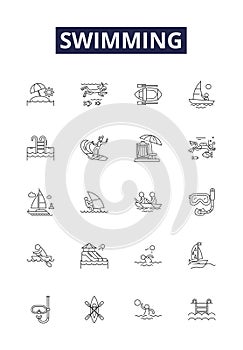 Swimming line vector icons and signs. Swim, Stroke, Recreational, Competitive, Training, Lap, Olympics, Marathon outline