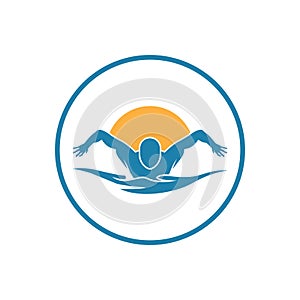 Swimming Logo. Swimmer icon with caption. Vector illustration
