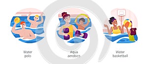 Swimming pool activities isolated cartoon vector illustration set