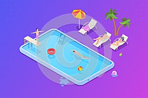 Swimming Pool as Smartphone Mobile Phone funny Entertainment concept Isometric Flat vector illustration