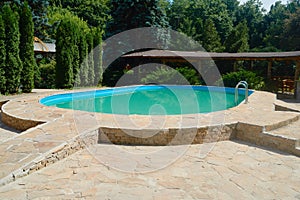 Swimming pool with blue water in the back yard.