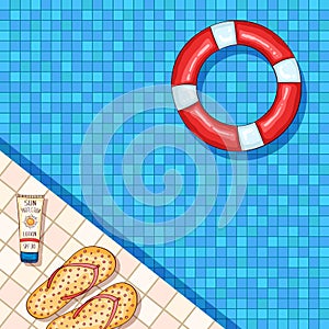 Swimming pool background with lifebuoy and beach accessories