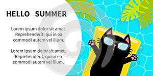 Swimming pool. Black cat floating on yellow pool float water mattress. Top air view. Pool party. Sunglasses. Hello Summer banner
