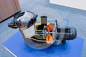 Swimming pool circulation pump with prefilter, coarse filter. Sectional view of the pump