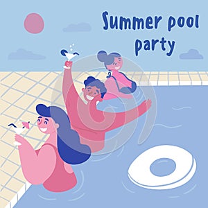 Swimming pool cocktail party. Women and men.