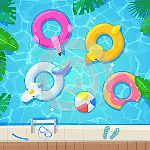 Swimming pool with colorful floats, top view vector illustration. Kids inflatable toys flamingo, duck, donut, unicorn.