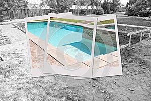 Swimming Pool Construction Site with Picture Photo Frame Containing Finished Project photo