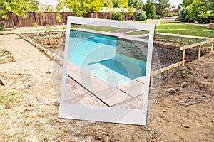 Swimming Pool Construction Site with Picture Photo Frame Containing Finished Project