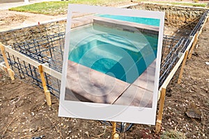 Swimming Pool Construction Site with Picture Photo Frame Containing Finished Project