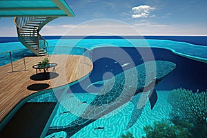 swimming pool deck with diving board and view of the underwater world