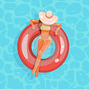 Swimming pool female girl broad-brim hat swim ring flat design vector illustration