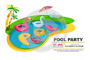 Swimming pool with floating kids toys. Vector illustration. Beach party poster, flyer, banner design template.