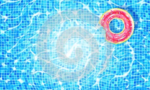 Swimming pool with floating ring, caustic ripple and sunlight glare effect. Aquatic surface with waves background