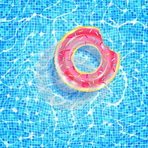 Swimming pool with floating ring, caustic ripple and sunlight glare effect. Aquatic surface with waves background