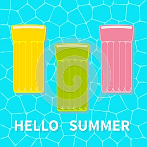 Swimming pool. Floating yellow green pink air pool float water mattress. Top aerial view. Hello Summer. Cute cartoon relaxing obje photo