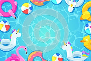 Swimming pool frame. Colorful floats in water, vector cartoon illustration. Kids toys flamingo, duck, donut, unicorn.