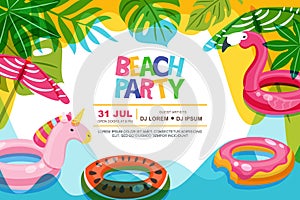 Swimming pool frame with flamingo and unicorn float kids toys. Beach party vector summer poster, banner design template.