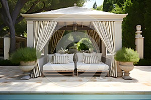 Swimming Pool of French Chic Style Shaded Daybeds. AI Generated