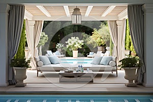 Swimming Pool of French Chic Style Shaded Daybeds. AI Generated