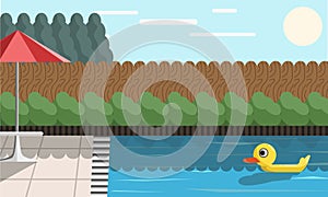 Swimming Pool In The Garden House Cartoon - Vector