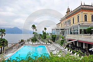 Swimming pool of a grand hotel beside Lake Como in Bellagio