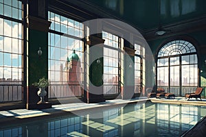 swimming pool in grand hotel, with view of the city skyline visible through the windows