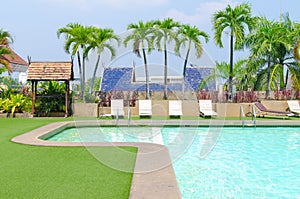 Swimming pool with green grass and palm at hotel close up